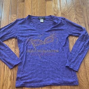 Vintage French Quarter New Orleans Burn Out Tee Purple Mardi‎ Gras Rhinestone S